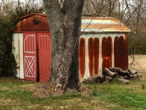The beautifully rusted shed, damaged in a flood three years ago.